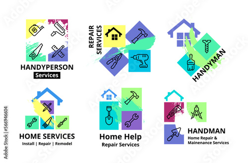 Handyman logo home services repair install remodel maintenance work label grunge line vector flat