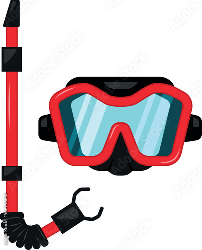 Scuba red mask with snorkel diving equipment underwater swim tube vector flat illustration