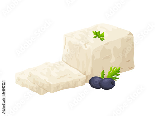 Feta soft cheese. Cartoon greek brined curd white peace made from sheeps milk. Delicious food of soy milk. Vegetarian product vector illustration