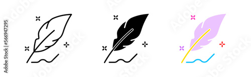 Feather line icon. Handwritten text, student, fountain pen, man, guy, fairy tale, legend, fable, work, printed edition. Vector icon in line, black and colorful style on white background