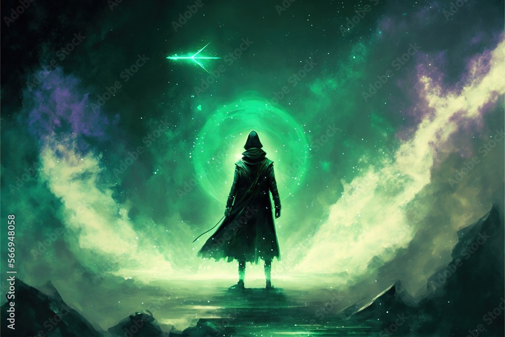 sci-fi character in black cloak with light spear standing against green ...