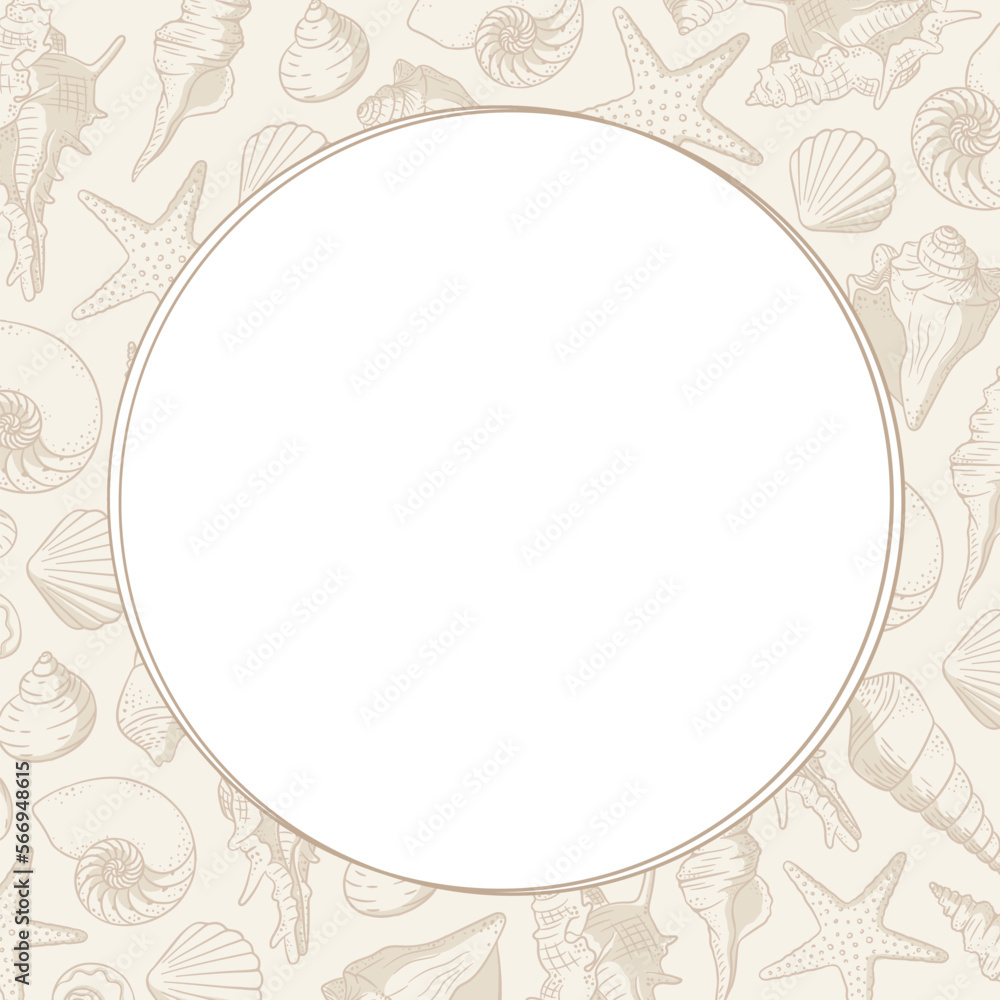 Round seashells frame. Sea and ocean design template. Vector illustration Round seashells frame. Sea and ocean design template. Vector illustration