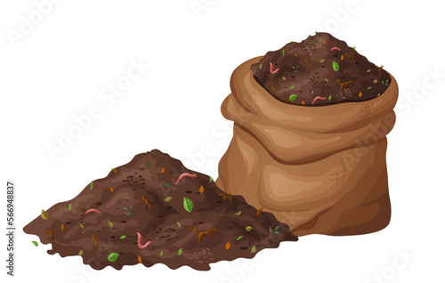 Organic soil heap for compost, garden recycling natural garbage. Earth worms and biodegradable trash. Vector illustration