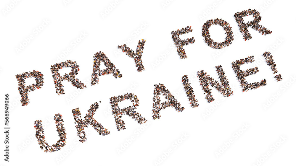 Concept or conceptual large community of people forming PRAY FOR UKRAINE message. 3d illustration metaphor to faith, God, community, unity, love, hope, peace, friendship and trust Concept or conceptual large community of people forming PRAY FOR UKRAINE message. 3d illustration metaphor to faith, God, community, unity, love, hope, peace, friendship and trust