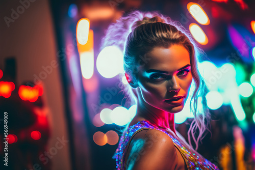 Femme en tenue de soirée scintillante dansant dans une discothèque » IA générative