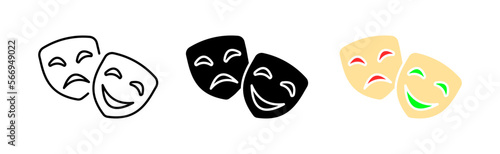 Performance set icon. Film strip, carnival mask, theater, opera, cinema, star, rating, first place, theater group, achievement. Vector icon in line, black and colorful style on white background