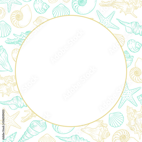 Round seashells frame. Sea and ocean design template. Vector illustration