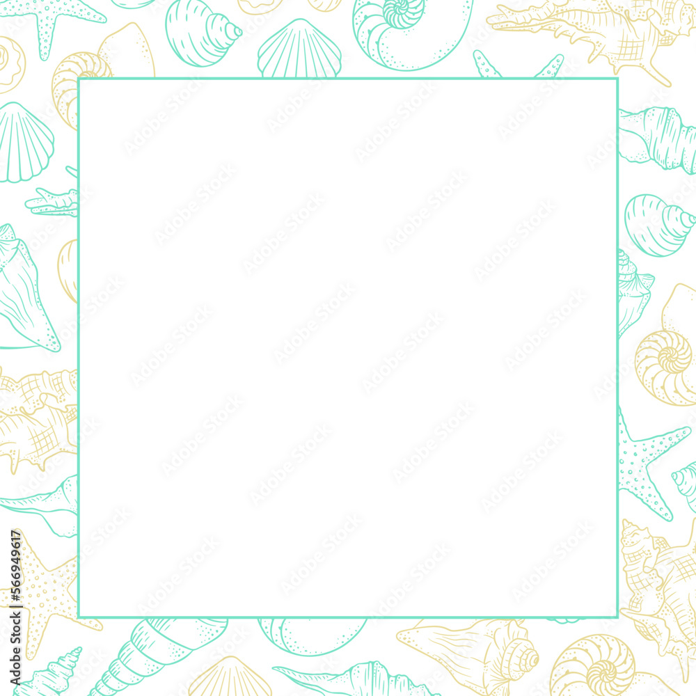 Square seashells frame. Sea and ocean design template. Vector illustration