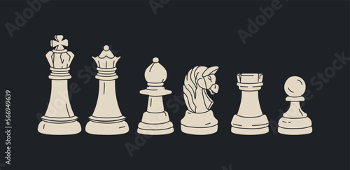 White chess on black background. King, queen, bishop, knight, rook, pawn figures in line style. Vintage chessboard. Strategy game competition. Challenge concept. Isolated vector illustrations