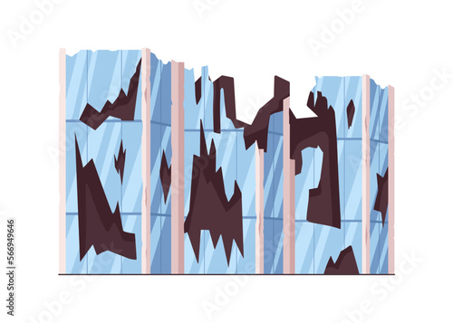 Damaged broken ruined glass building. Destroyed collapsed modern house facade. Construction exterior with smashed windows, crushed walls. Flat vector illustration isolated on white background