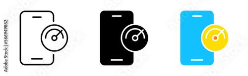 Speedtest set icon. Circle with arrow and scale. Minimum, average and maximum speed. Fuel level in the tank. Vector icon in line, black and colorful style on white background