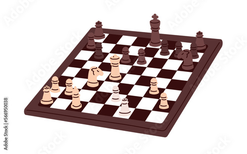 Chessboard and chess pieces. Strategy board game. Figures opponents on checkerboard. Battle, fight, championship of competitors teams concept. Flat vector illustration isolated on white background