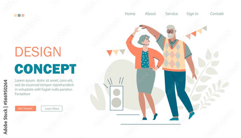 Dance for Seniors website landing page. Couple, senior man and woman dancing. Dance lessons, party, leisure for pensioners. Flat style, web page design. Vector template. Dance for Seniors website landing page. Couple, senior man and woman dancing. Dance lessons, party, leisure for pensioners. Flat style, web page design. Vector template.