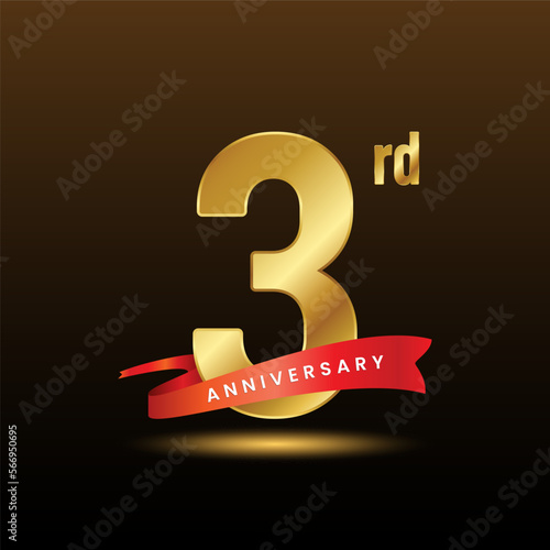 3rd anniversary logo with gold text and red ribbon. Logo Vector Illustration