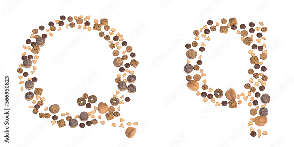 Obraz premium Concept or conceptual set of pastry delicious products forming the font Q. 3d illustration metaphor for education, school, agriculture, traditional and rustic, organic, healthy and natural.