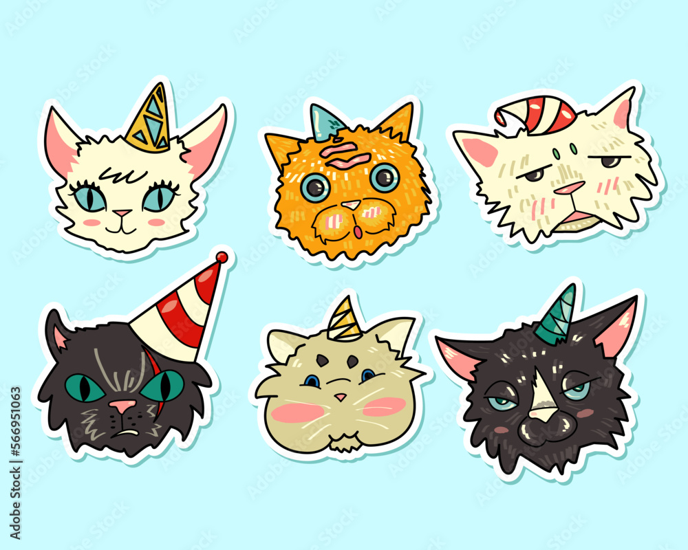 Big bundle of isolated vector elements of kitten birthday party decoration and calibration, flat Colorful vector icon illustration