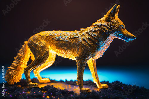 Statuette de loup en or lumineuse    IA g  n  rative