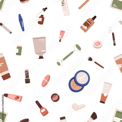 Seamless pattern, makeup cosmetics. Make-up products background design, repeating print with beauty accessories, tools, lipstick, mascara, nail polish. Flat vector illustration for wrapping, textile