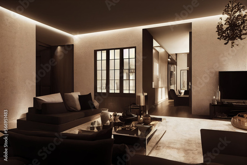 Large luxury modern elegant interiors Living room mockup. Modern style of furniture decoration. Generative AI illustration.