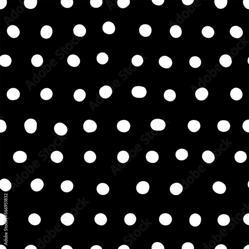 Seamless neutral polka dots pattern. White hand-drawn circles isolated on black background. Abstract lines of points ornament. Vector illustration for wallpaper, fabric, print, wrapping paper, textile