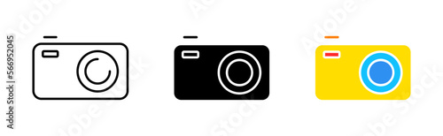 Photo cameras set icon. Take pictures, image, photographer, digital, celluloid, film, data storage. Technology concept. Vector icon in line, black and color style on white background