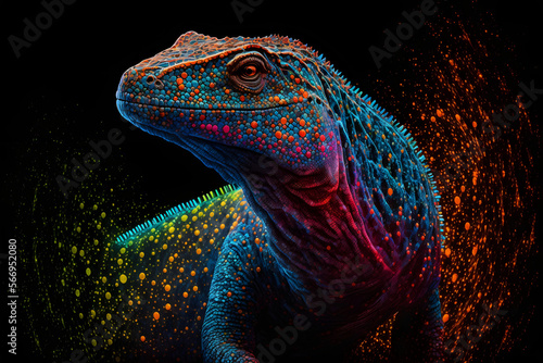 Fototapeta Portrait d'un lézard aux couleurs arc-en-ciel sur fond noir » IA générative