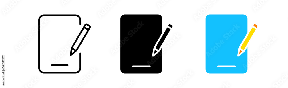 Tablet with pencil line icon. Communication, technology, mobile computer, camera, business, student, student, internet. Technology concept. Vector icon in line, black and color style