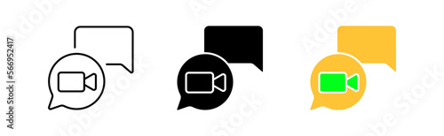 Online meeting set icon. Camera, video, frame, portrait, conference, media, photographer, social network, publication. Vector icon in line, black and color style on white background