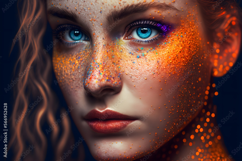 Blonde aux yeux bleus avec paillettes colorées sur le visage » IA générative Blonde aux yeux bleus avec paillettes colorées sur le visage » IA générative