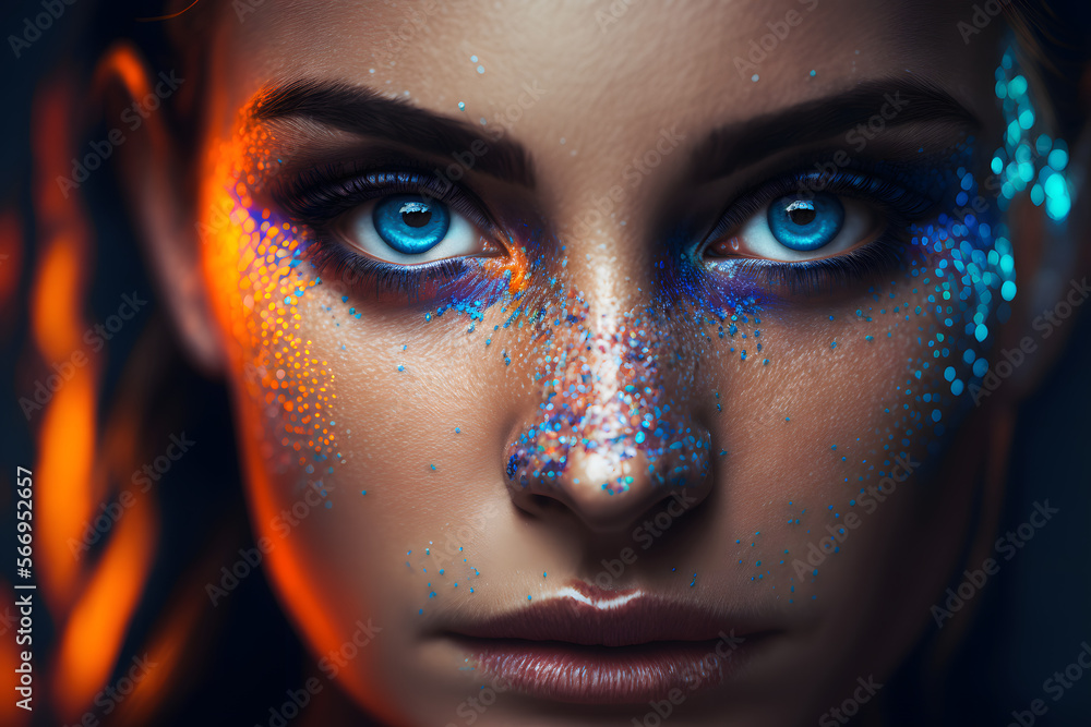 Regard perçant d'une femme brune aux yeux bleus avec paillettes bleues sur le visage » IA générative - obrazy, fototapety, plakaty 