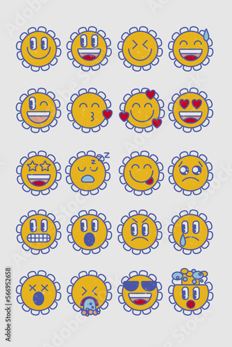 Vintage chamomile flower face emoji set. Retro 90s 80s 70s emoticon.