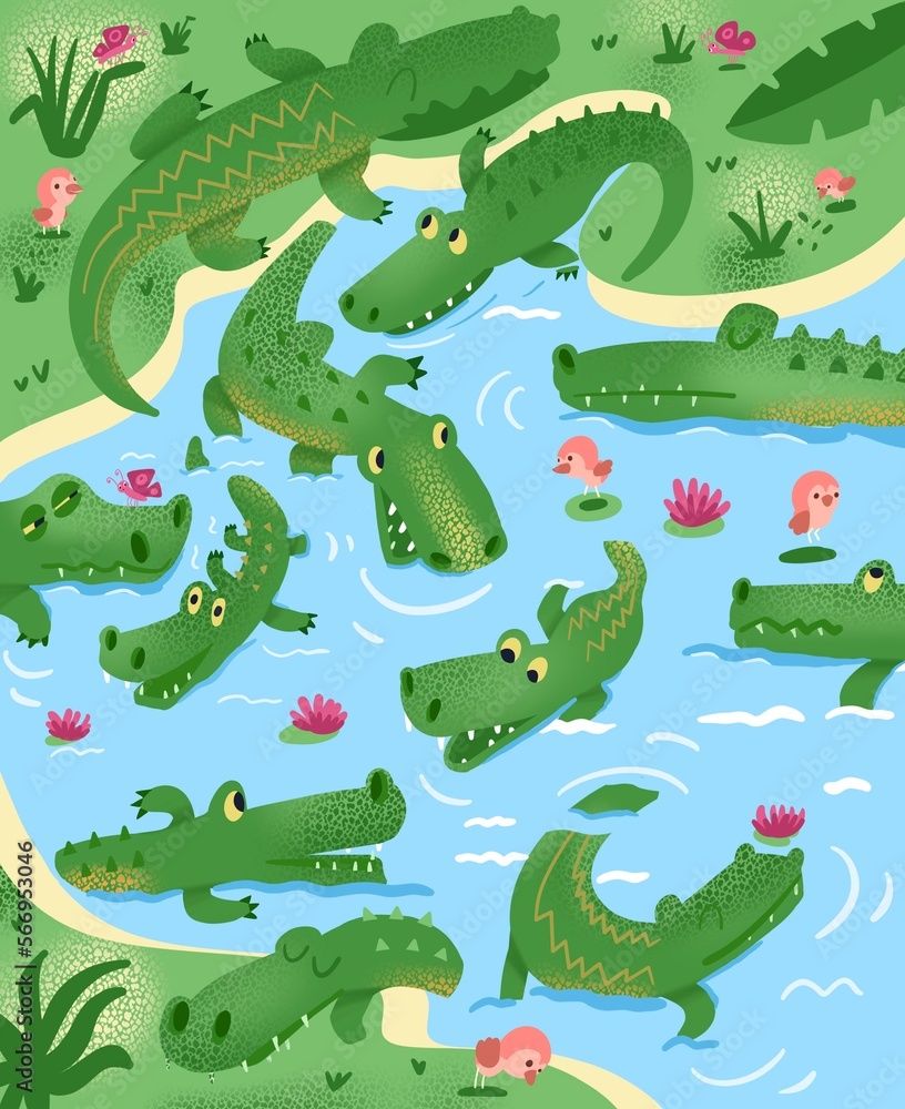 Naklejka premium Cute crocodiles in pond. Colorful cartoon scene for worksheet. Nature and animals. Illustration for book design.