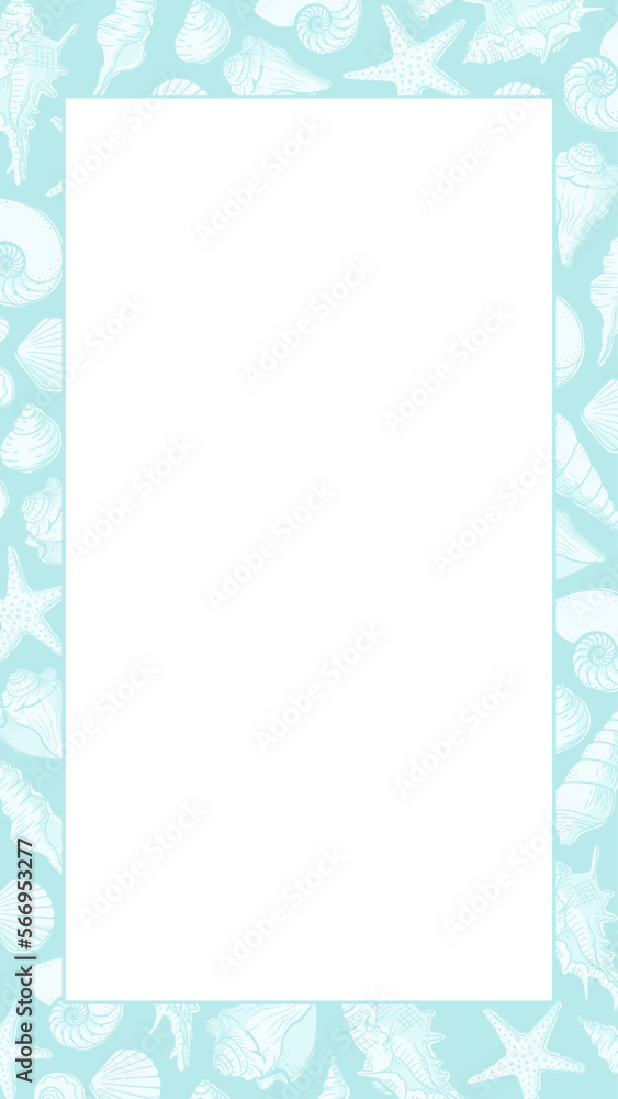 Seashells frame. Sea and ocean design vertical template. Vector illustration summer or beach party advertising design Seashells frame. Sea and ocean design vertical template. Vector illustration summer or beach party advertising design