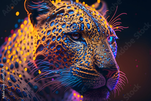 Tête de jaguar avec tâches phosphorescentes et lumières scintillantes » IA générative