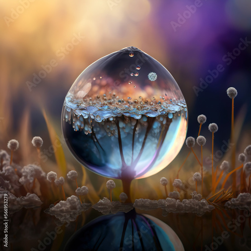  A mesmerizing dewdrop on a dandelion seed against a magical, colorful background, reflecting the environment in its surface, AI generated