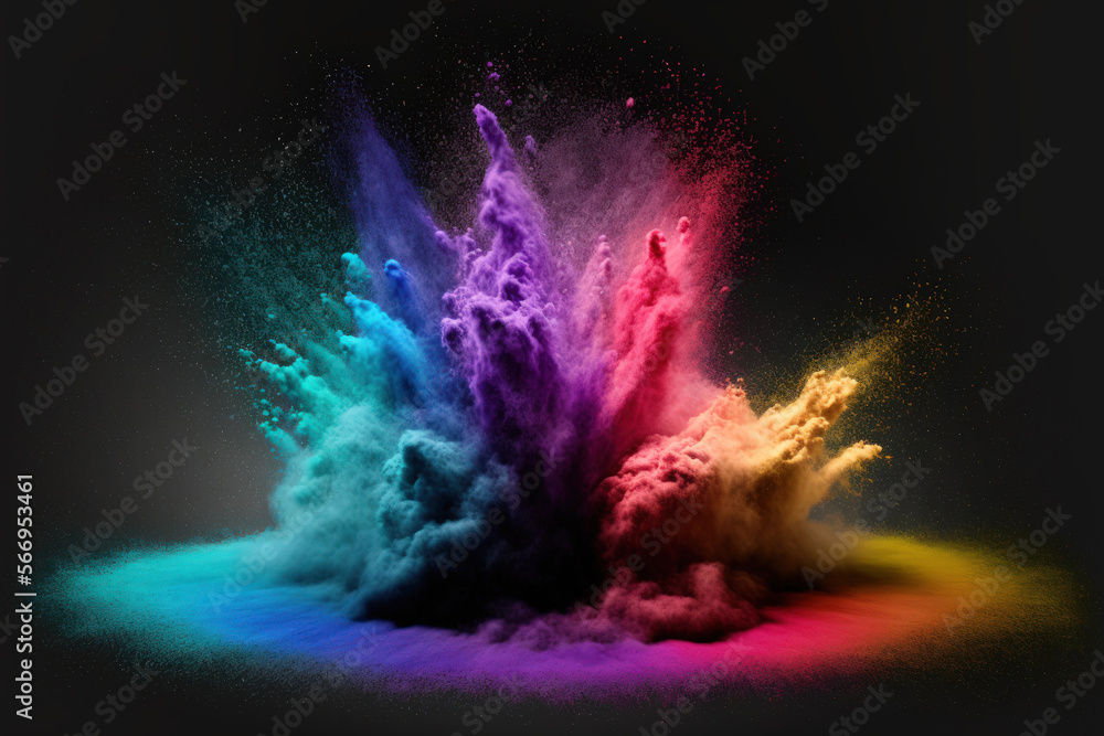 Spectrum filled colorful abstract powder background, isolated on a dark background. Generative AI