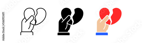Broken heart line icon. Sadness, betrayal, torment, pain, disappointment, wounded soul. Relationship concept. Vector icon in line, black and color style on white background