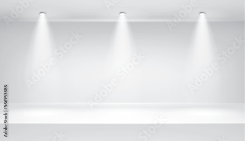 Empty white room. Three spotlights. Table surface. Vector design illustration. Mock up for you business project