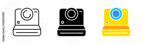 Camera line icon. Photo, film, camera lens, tripod, cinema, video, filming, photo processing, color correction, exposure, contrast. Vector icon in line, black and color style on white background