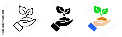 Plant in hand line icon. Soil, earth, eco, ecology, plants, flora, botany, ecosystem, plants, leaves, drugs, biology. Nature concept. Vector icon in line, black and color style on white background