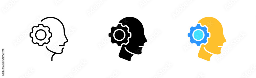 Thinking icons set. Person, speech, report, idea, goal, office, tactics, motivation, problem, research, analytics. business concept. vector line icon in different styles Thinking icons set. Person, speech, report, idea, goal, office, tactics, motivation, problem, research, analytics. business concept. vector line icon in different styles