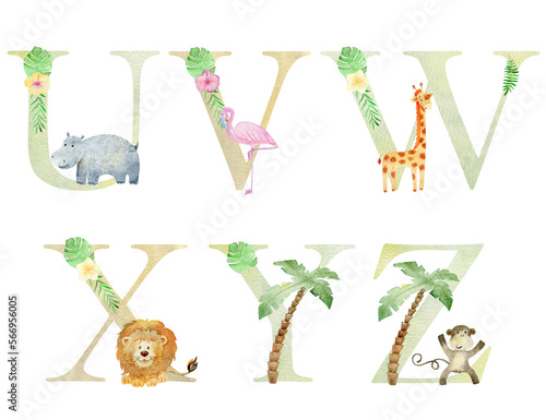 Watercolor cute african animals letters for invitation card, nursery poster and other.