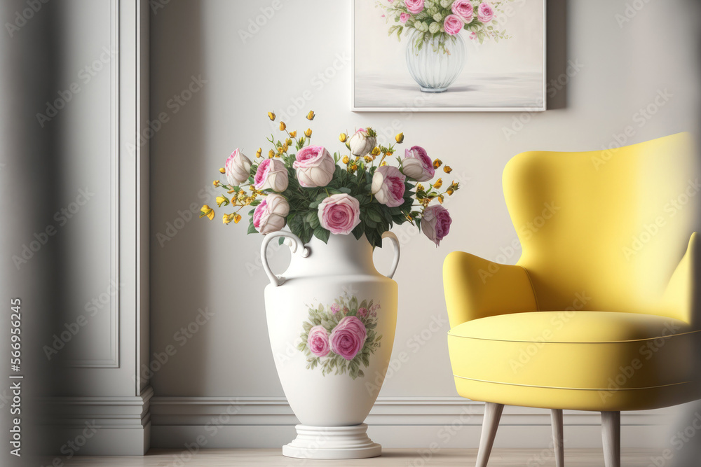 Pink and yellow roses in Modern white vase on white table beside classic armchair. Generative AI