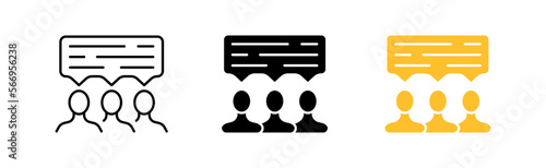 Discussion icons set. Interlocutors, speech bubble, business, team, plan, tactics, forum, conference, text. communication concept. vector line icon in different styles