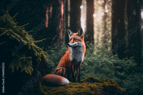A fox in the middle of a dense forest. Generative A