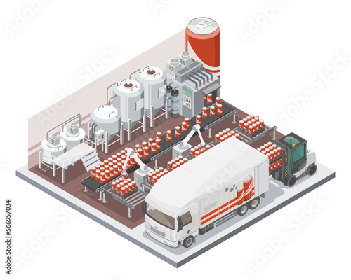 Production of Soda Soft Drink Produce Red Cola Factory usd robot arm with logistic truck CPG industry Concept Consumer Packaged Goods food and drink isometric in blue color isolated illustration 