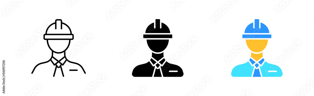 Foreman icons set. Builder, construction, boss, leader, task, repair, deadline, object, tools, materials, scheme, architect. Infrastructure concept. Vector line icon in different styles Foreman icons set. Builder, construction, boss, leader, task, repair, deadline, object, tools, materials, scheme, architect. Infrastructure concept. Vector line icon in different styles