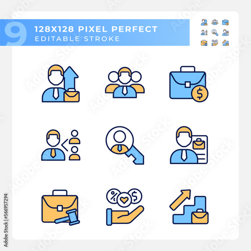 Job related pixel perfect RGB color icons set. Hiring process. Company employee. Salary. Career development. Isolated vector illustrations. Simple filled line drawings collection. Editable stroke