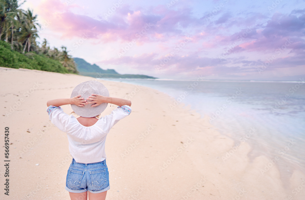 Vacation on the seashore. Back view of young woman on the beautiful tropical white sand beach.