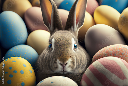 Cute easter bunny with colorful eggs everywhere. Generative AI.